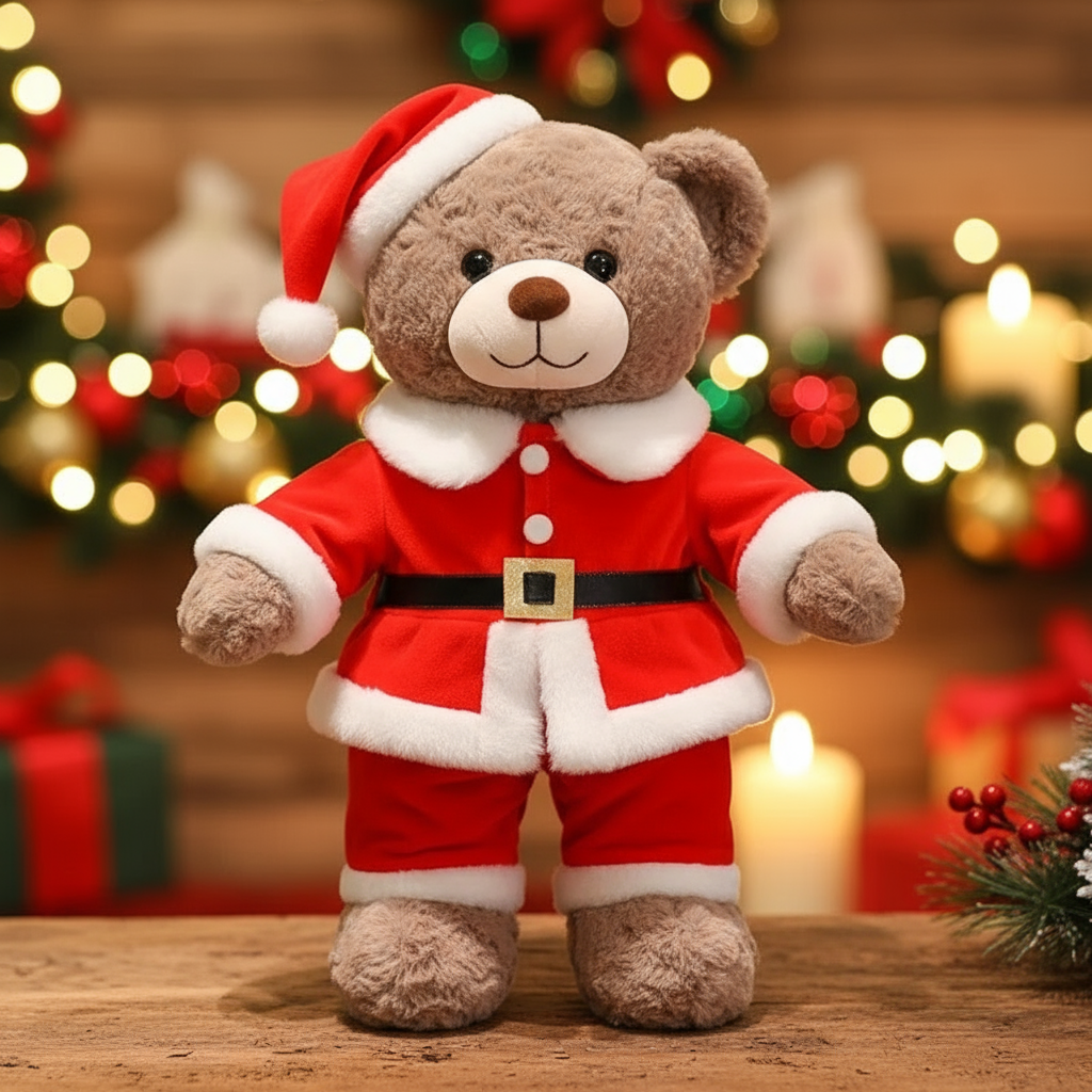 Teddy bear in Santa outfit with Christmas decorations in the background