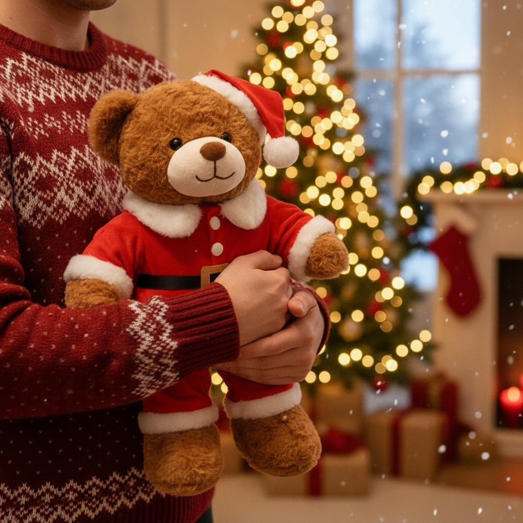 Person holding a teddy bear in a Santa outfit with a Christmas tree and stockings in the background.