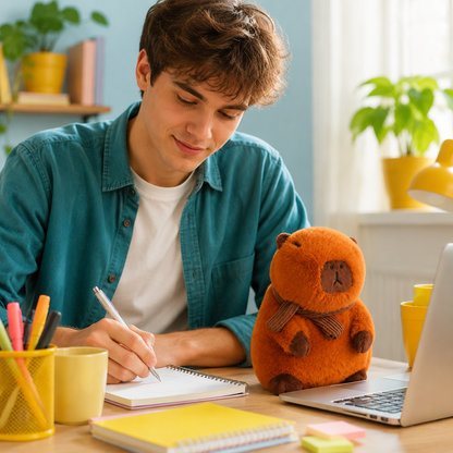 Scarf Wearing Capybara Plushie adding comfort to a study desk