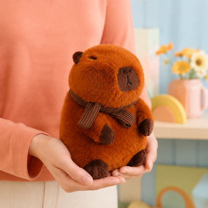 Compact Scarf Wearing Capybara Plushie held naturally in two hands