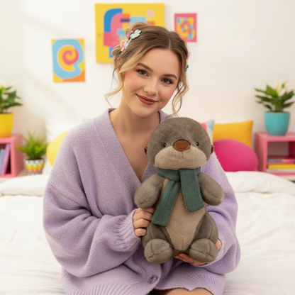 Woman holding a plush otter toy in a colorful room