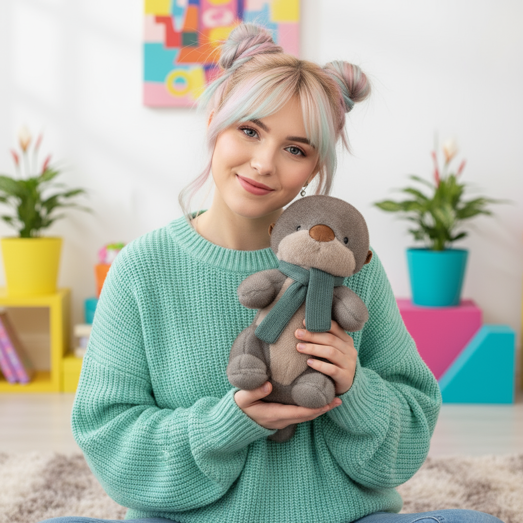 Woman holding a plush toy in a colorful room