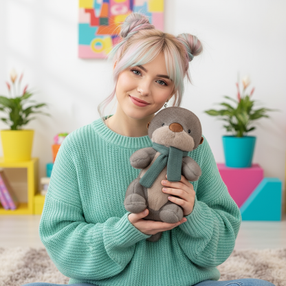 Woman holding a plush toy in a colorful room