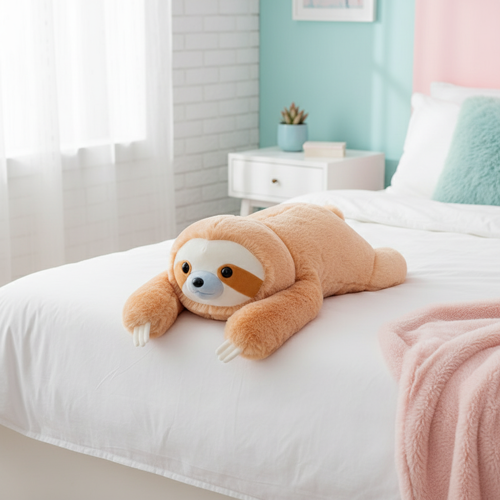 Plush sloth toy on a bed in a bright bedroom