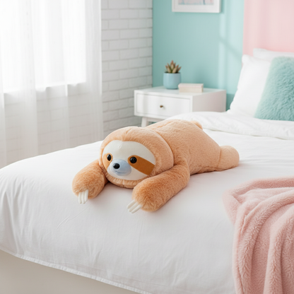 Plush sloth toy on a bed in a bright bedroom
