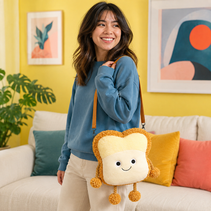 Smiling toast plush crossbody bag worn indoors