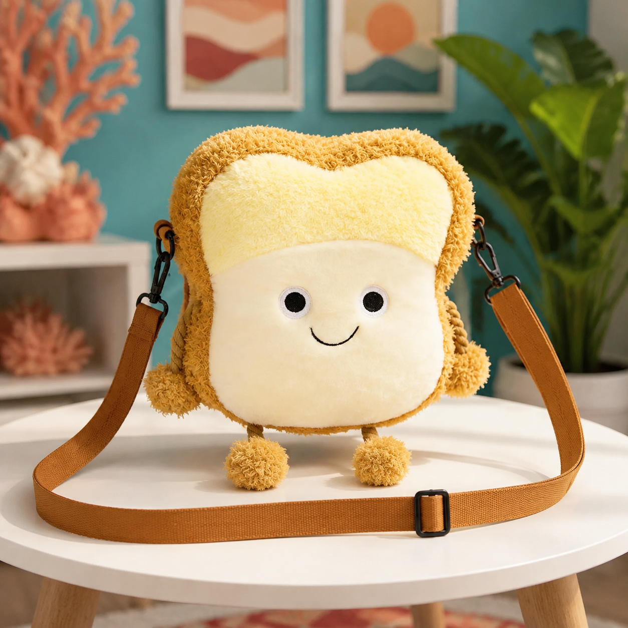 Smiling toast plush crossbody bag in a colorful room