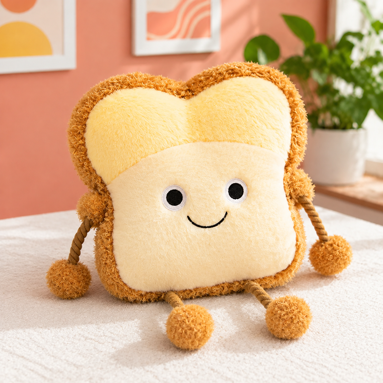 Smiling toast plush pillow in a colorful room