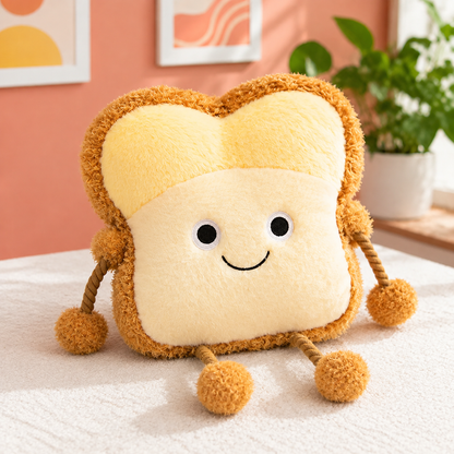 Smiling toast plush pillow in a colorful room