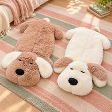 Brown and White Snuggle Dog Plushie Pillows lying flat side by side on a colorful rug