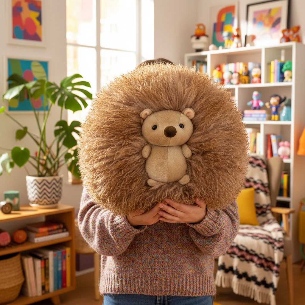 Person holding a large hedgehog plushie in a colorful room with books and plants.