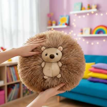 Plush hedgehog toy held by a person in a colorful room with shelves and decorations.
