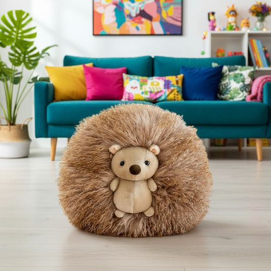 Fluffy hedgehog plushie inside in a living room setting.