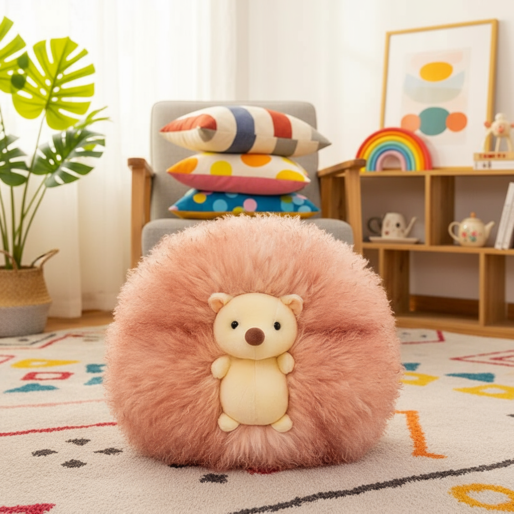 Fluffy pink hedgehog plushie in a room with colorful decor