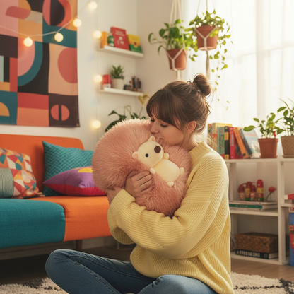 Woman in a yellow sweater holding a pink hedgehog plush toy in a cozy living room.