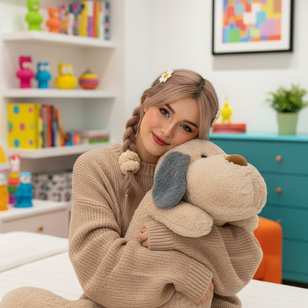 Woman holding a plush dog in a colorful room