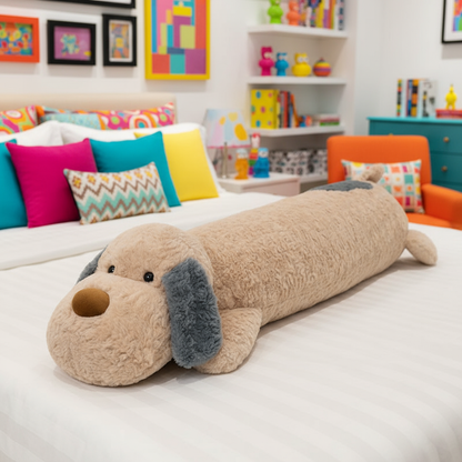 Brown dog plushie body pillow laying on a bed in a vibrant bedroom setting
