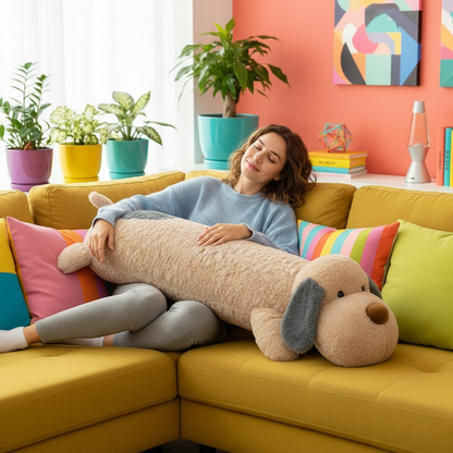 Woman sitting on a colorful couch holding a dog plushie body pillow in a vibrant living room setting