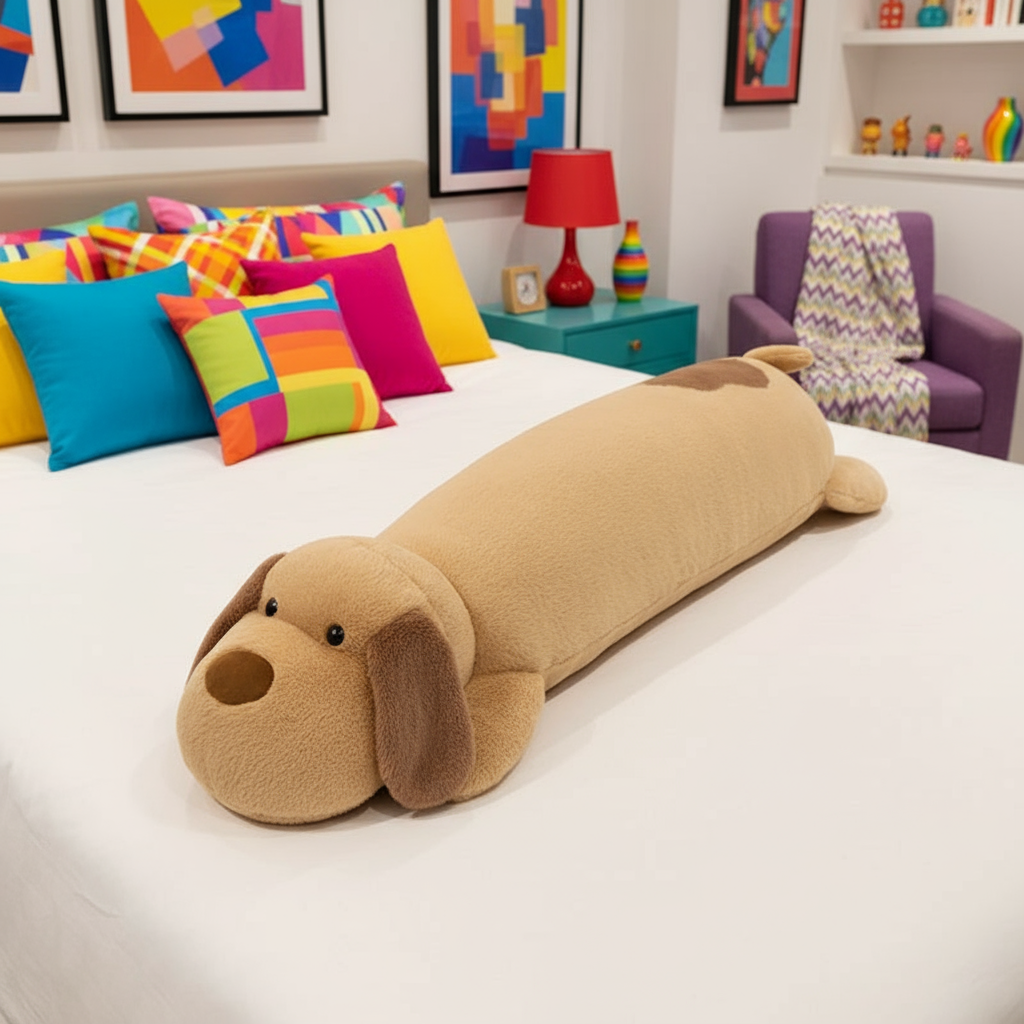 Brown dog plushie body pillow laying on a bed in a vibrant bedroom setting