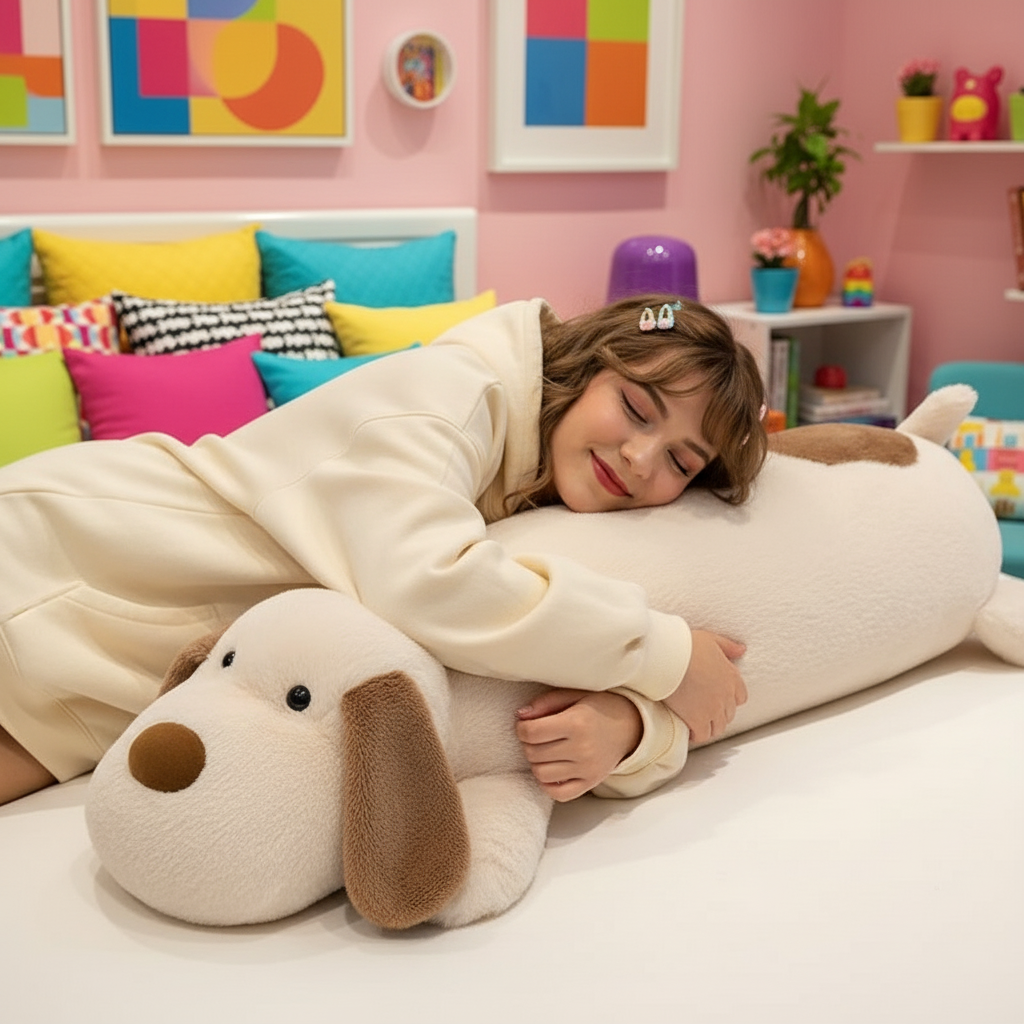Girl sleeping on a large dog-shaped pillow in a colorful room.