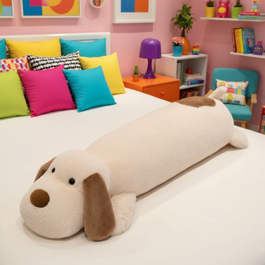 White and brown dog plushie body pillow laying on a bed in a vibrant bedroom setting