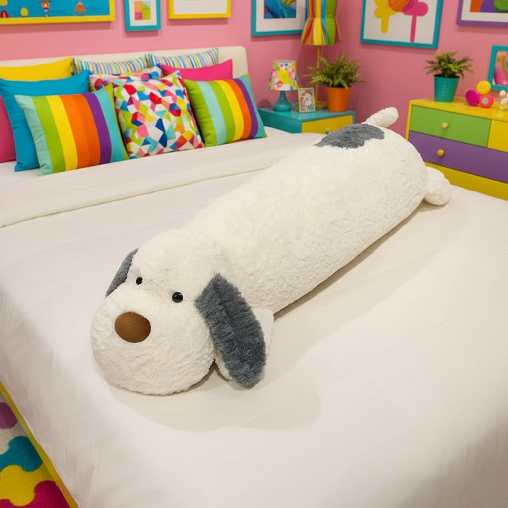 White and gray dog plushie body pillow laying on a bed in a vibrant bedroom setting