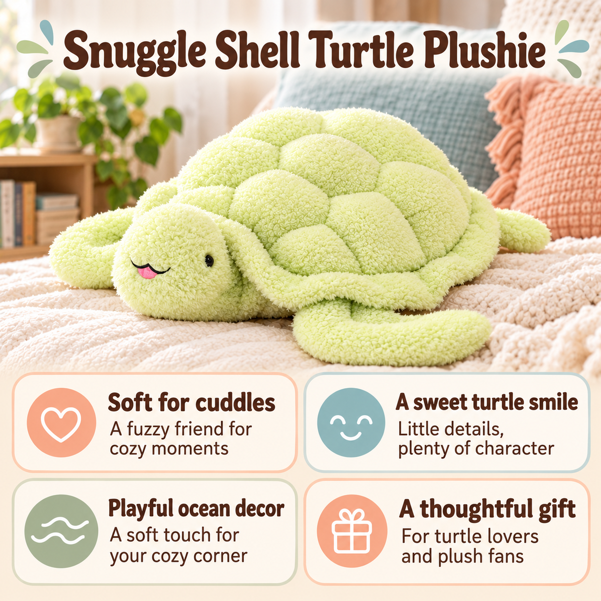 Snuggle Shell Turtle Plushie with four benefits highlighting cuddles, its sweet smile, ocean-inspired decor and gifting.