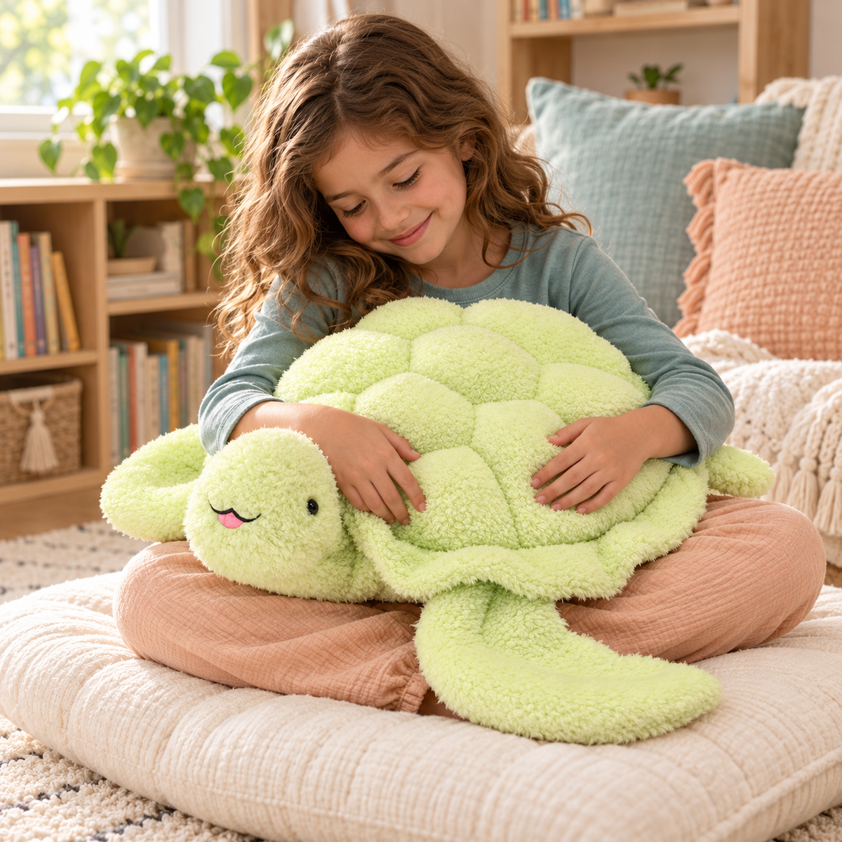 A child cuddling the Green Snuggle Shell Turtle Plushie in a colorful reading nook.