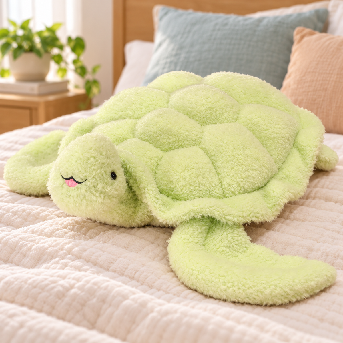 Green Snuggle Shell Turtle Plushie resting on cream bedding with its smiling face and rounded shell visible.