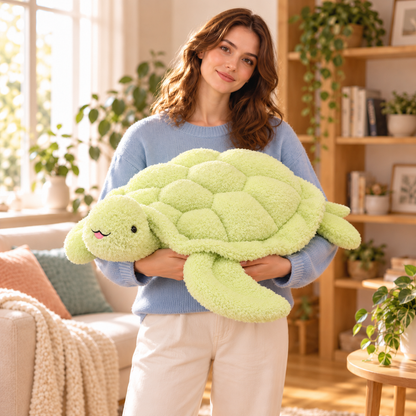 A woman holding the Green Snuggle Shell Turtle Plushie in a bright cozy room.