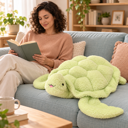 A woman reading on a sofa with the Green Snuggle Shell Turtle Plushie beside her.