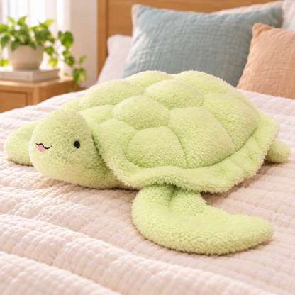 Side view of the Green Snuggle Shell turtle plushie showing its rounded body, shell rim and floppy front flipper.