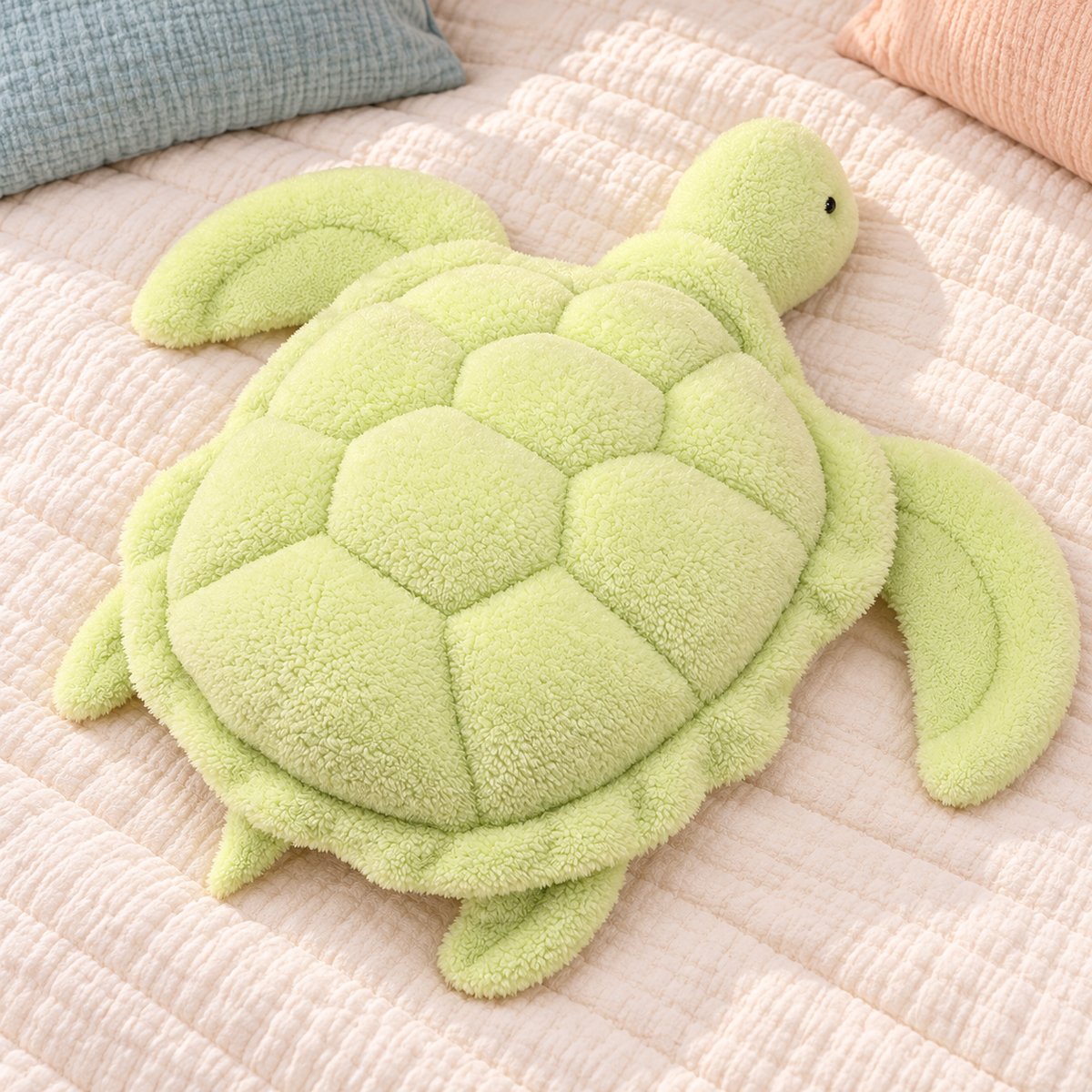 Top view of the Snuggle Shell turtle plushie showing its raised shell panels, four flippers and small tail.