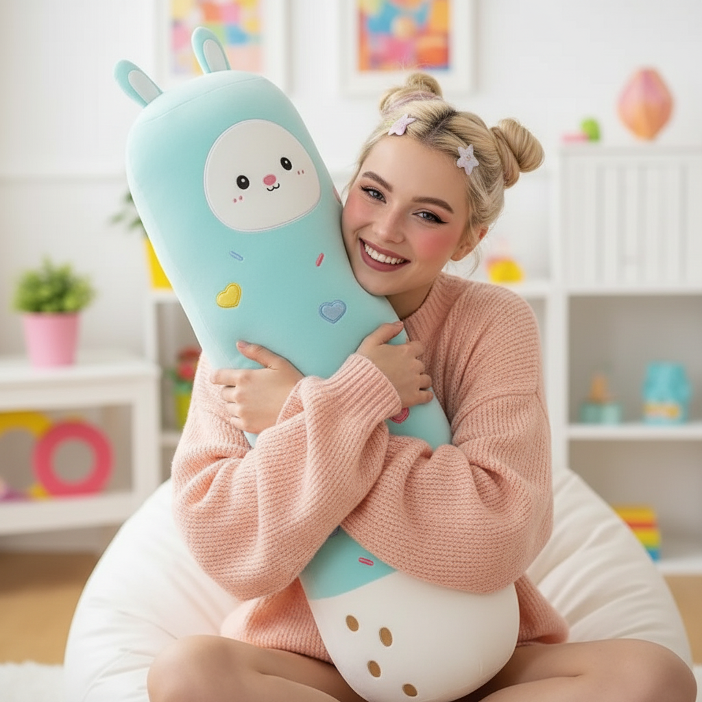 Woman holding a large, light blue plush toy with a smiling face in a bright room.