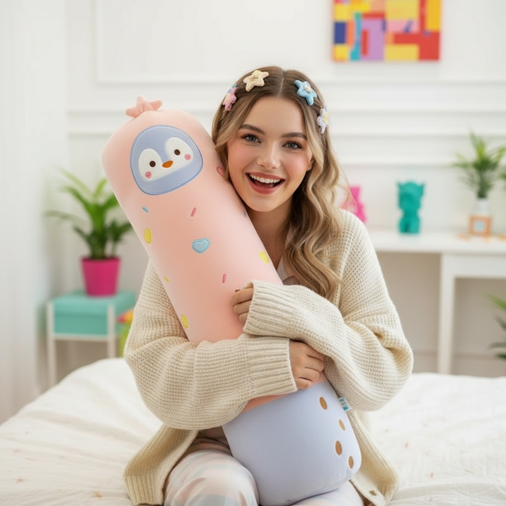 Woman holding a large pink plush toy with a penguin face in a bright room.