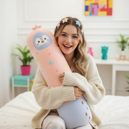 Woman holding a large pink plush toy with a penguin face in a bright room.