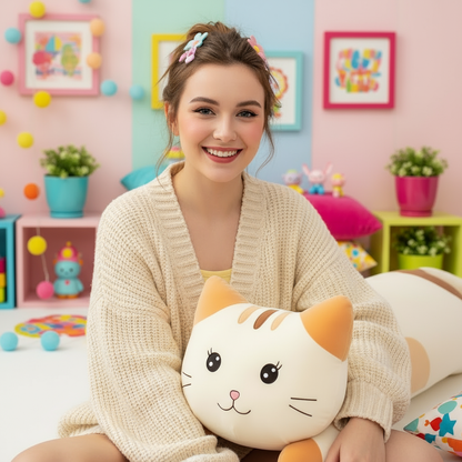 Woman holding a cat-shaped plush toy in a colorful room