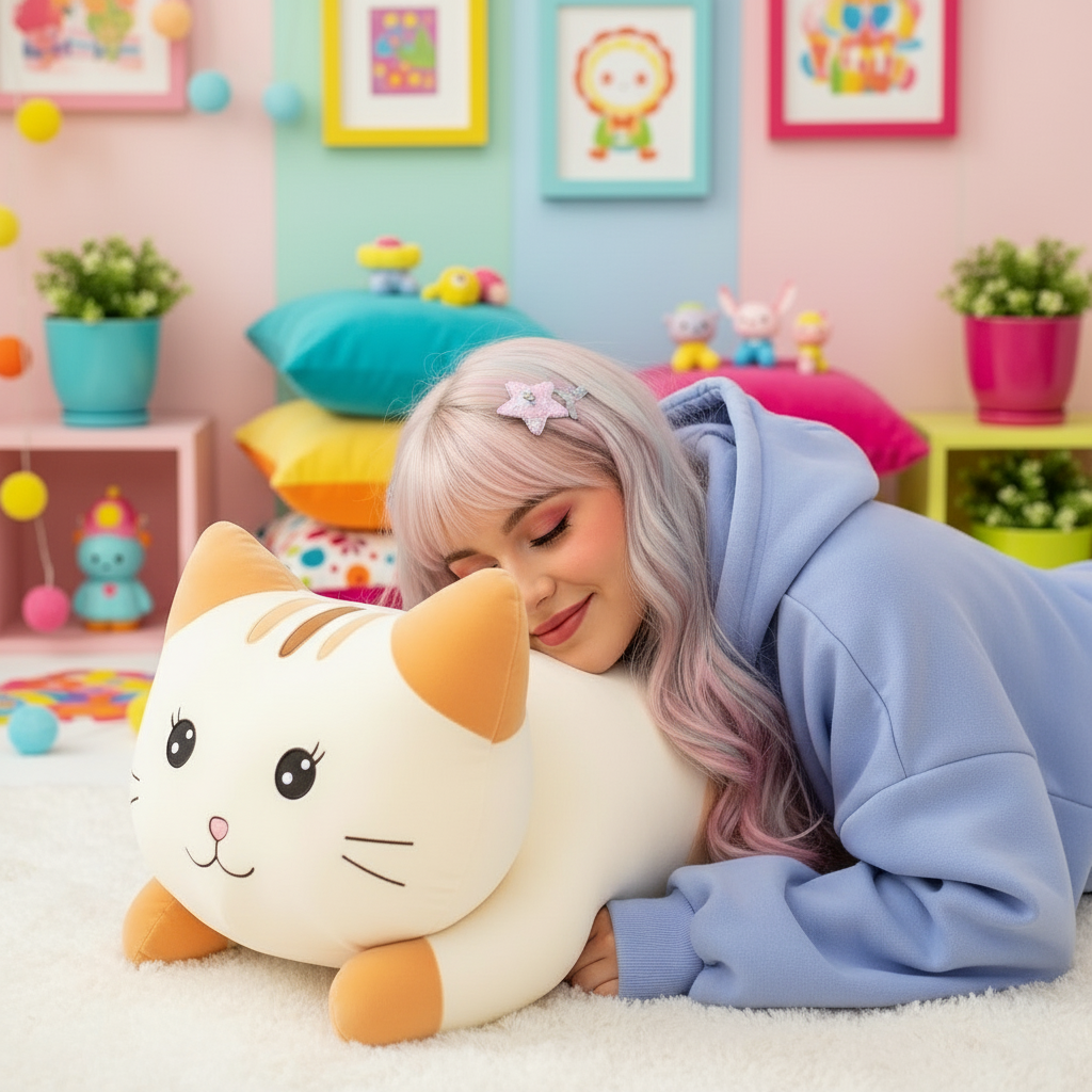 Person lying on the floor with a large plush cat pillow in a colorful room.