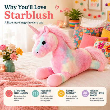 Starblush unicorn plushie benefits including comforting cuddles, imaginative play, joyful décor, and magical gifting.