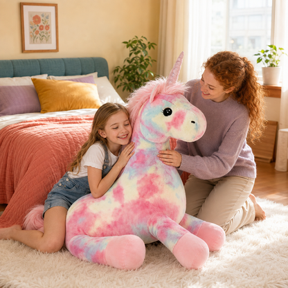Young girl receiving a Starblush giant unicorn plushie as a magical gift.