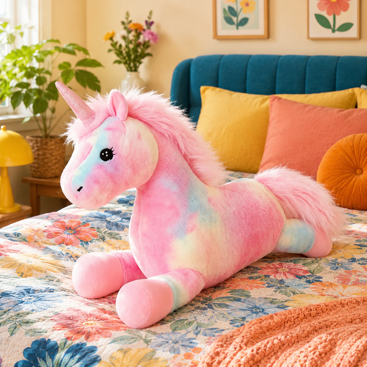 Starblush giant unicorn plushie with pastel rainbow fur and pink mane in a colorful bedroom.