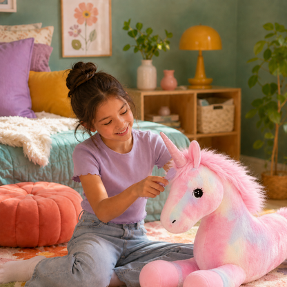 Young girl brushing the mane of a 28-inch Starblush unicorn plushie during imaginative play.