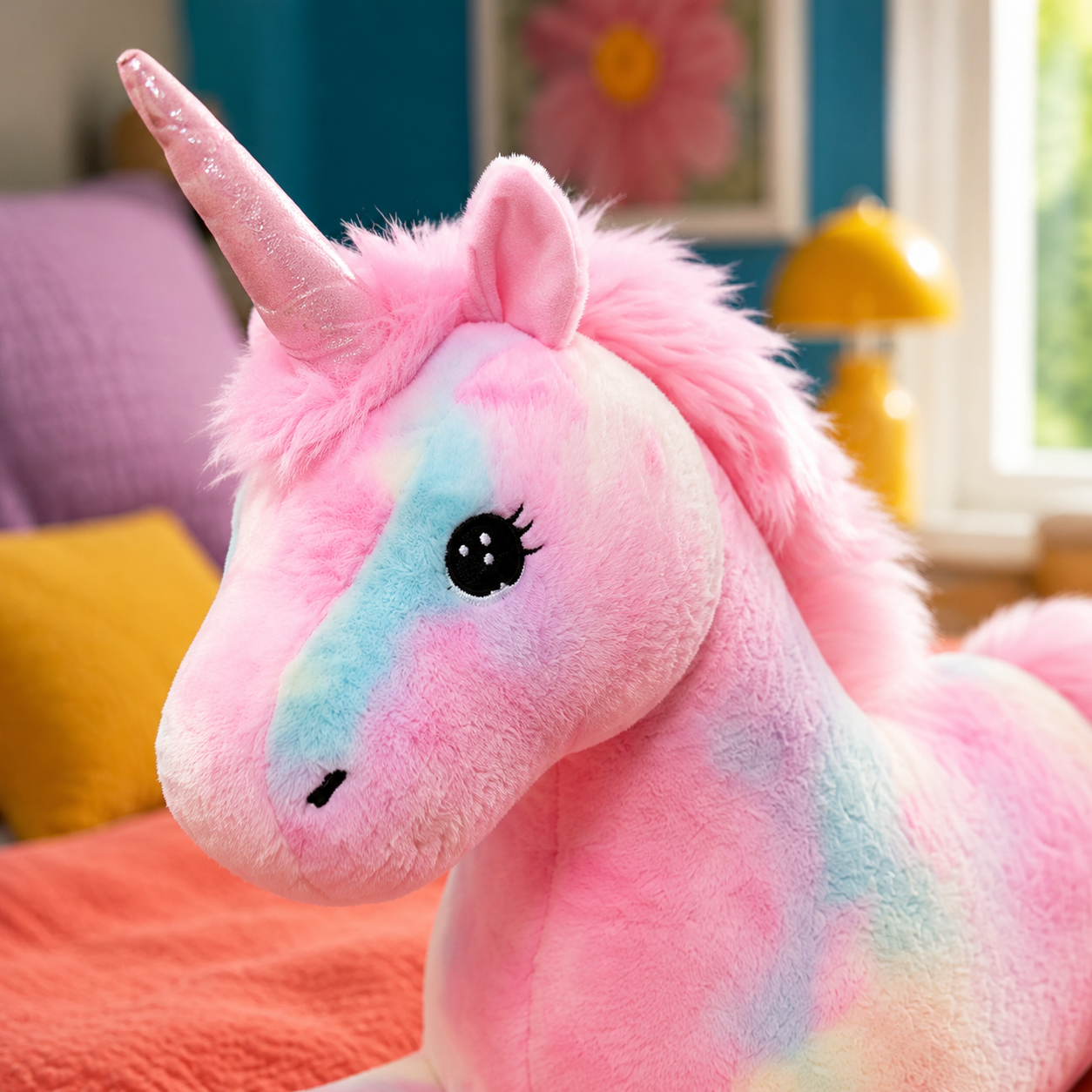 Close-up details of Starblush giant unicorn plushie including its horn, mane, and pastel fur.
