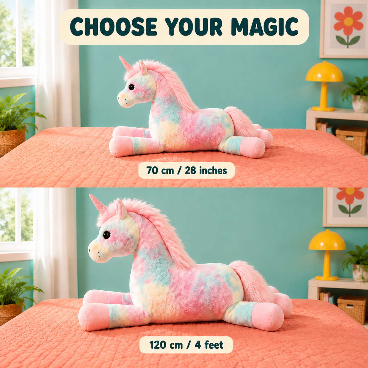 Starblush unicorn plushie size guide showing 28-inch and 4-foot options.