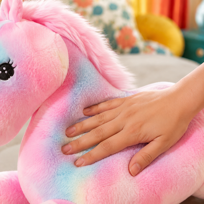 Close-up of the soft pastel fur and fluffy pink mane on the Starblush unicorn plushie.