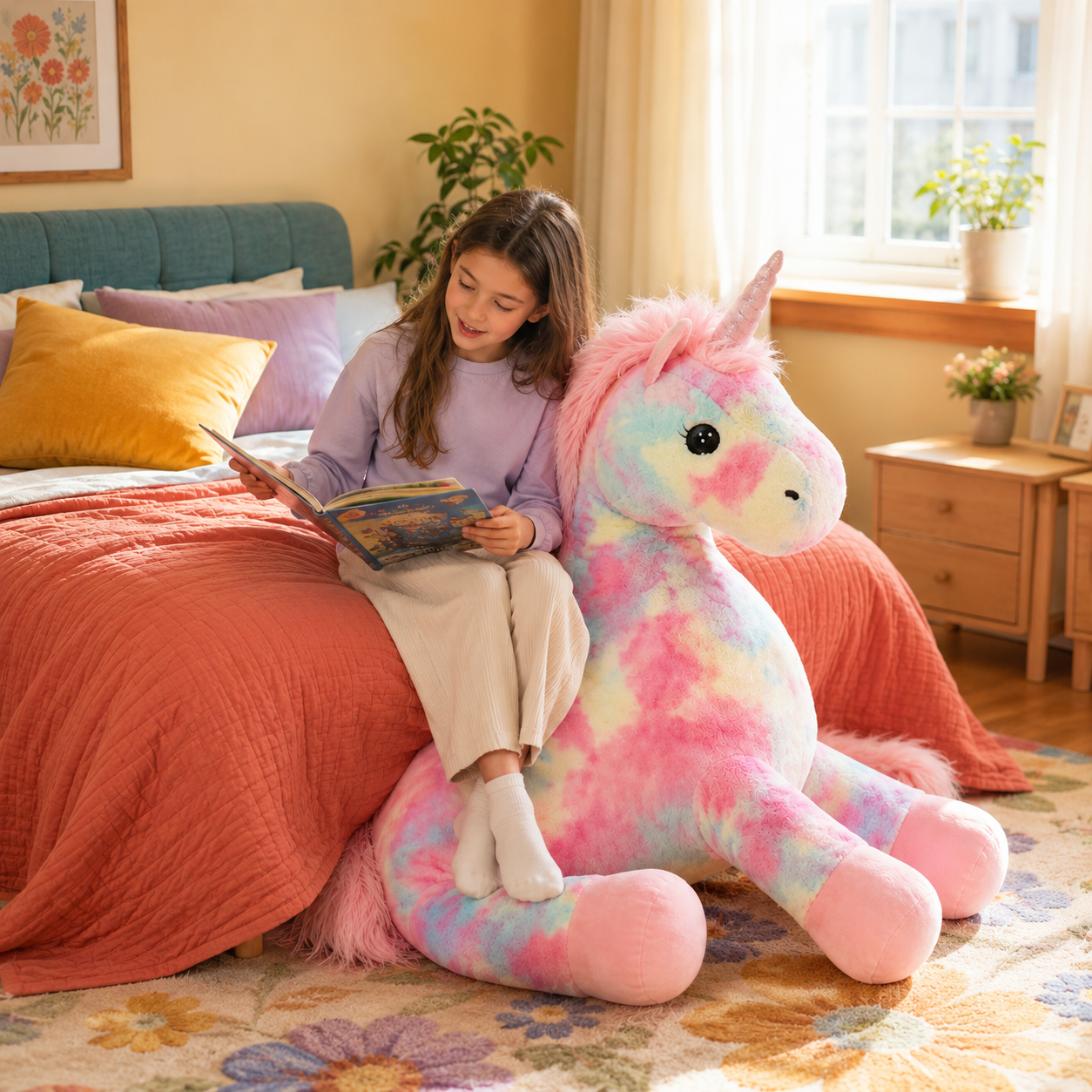Young girl reading beside a 4-foot Starblush giant unicorn plushie in a colorful bedroom.
