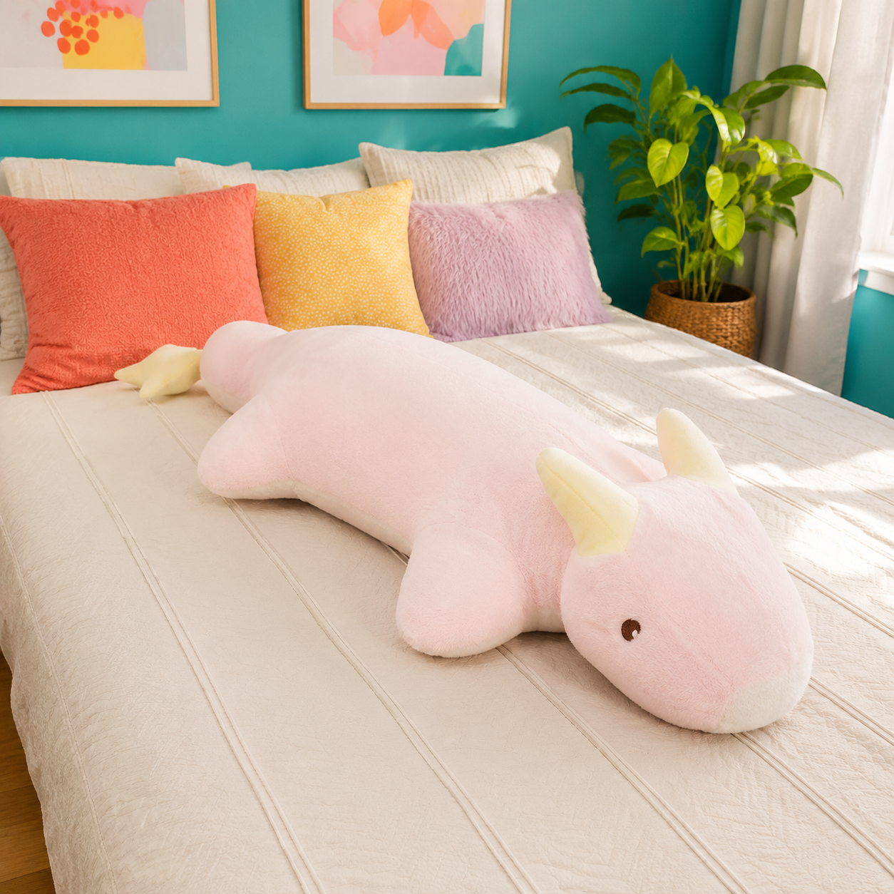 Blush pink Starry Snooze long dragon plushie body pillow with golden horns and a star-shaped tail on a cream bed