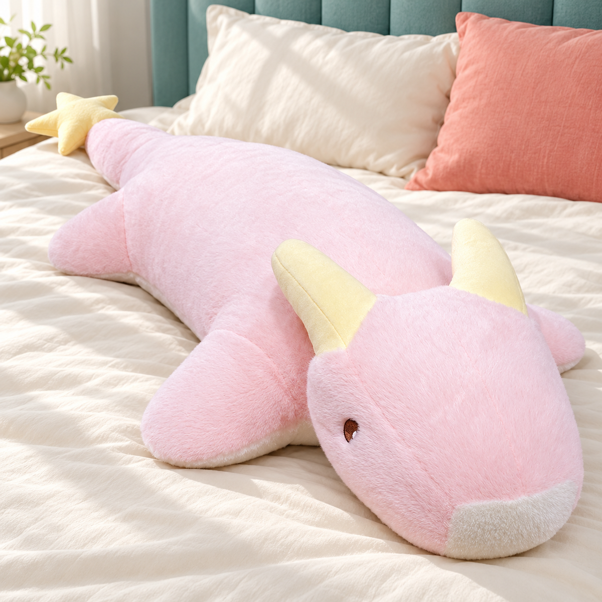 Blush Pink Starry Snooze long dragon plush body pillow showing its full body, cream muzzle, yellow horns, and star tail on a bed