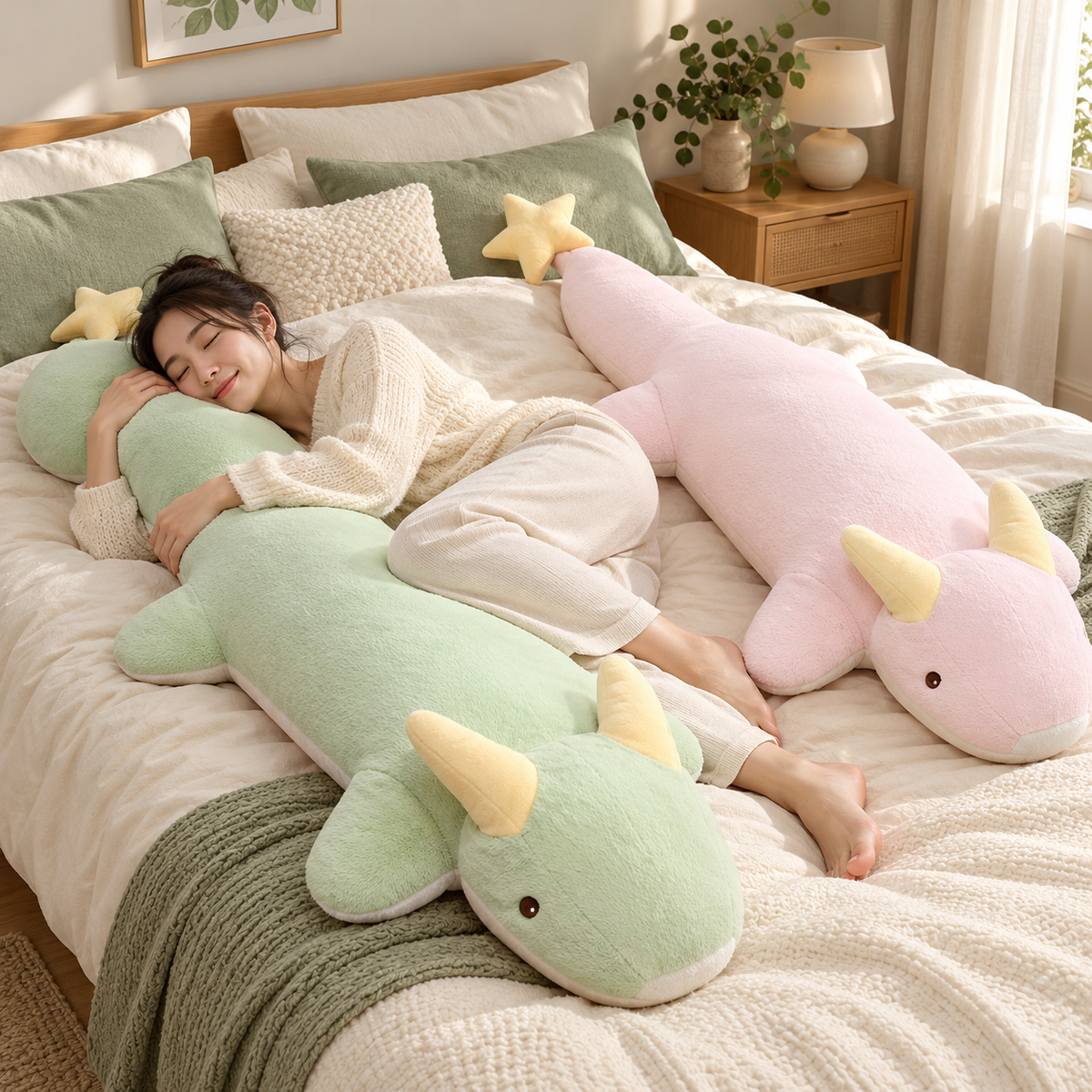 Adult lounging on a bed among Blush Pink and Mint Green Starry Snooze long dragon plush body pillows
