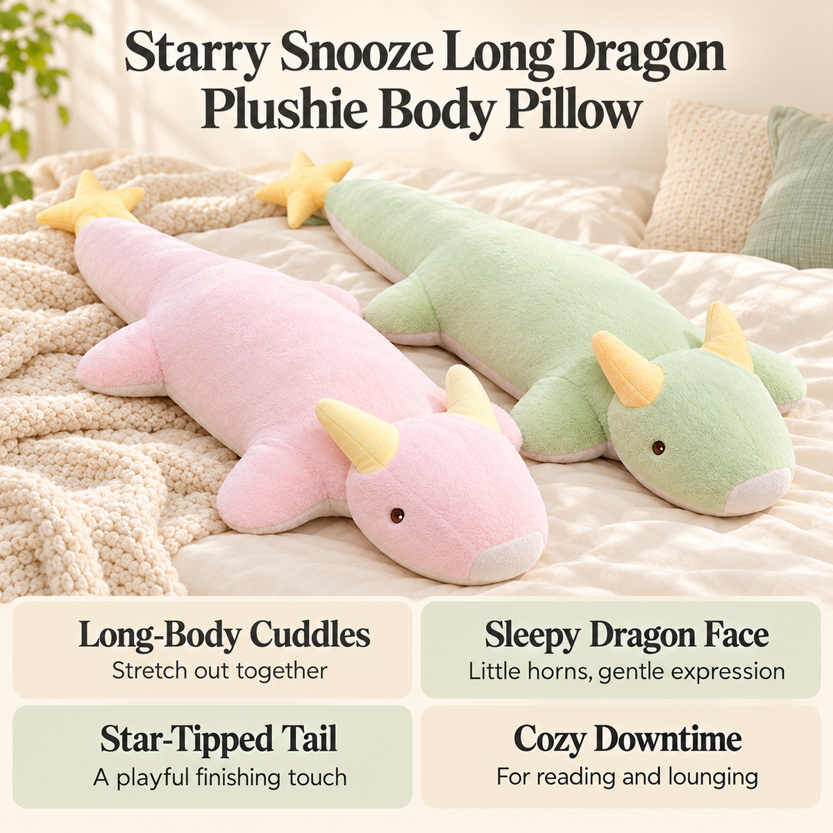Starry Snooze long dragon plush body pillow benefits graphic with both colors and text about cuddles, sleepy face, star tail, and cozy downtime